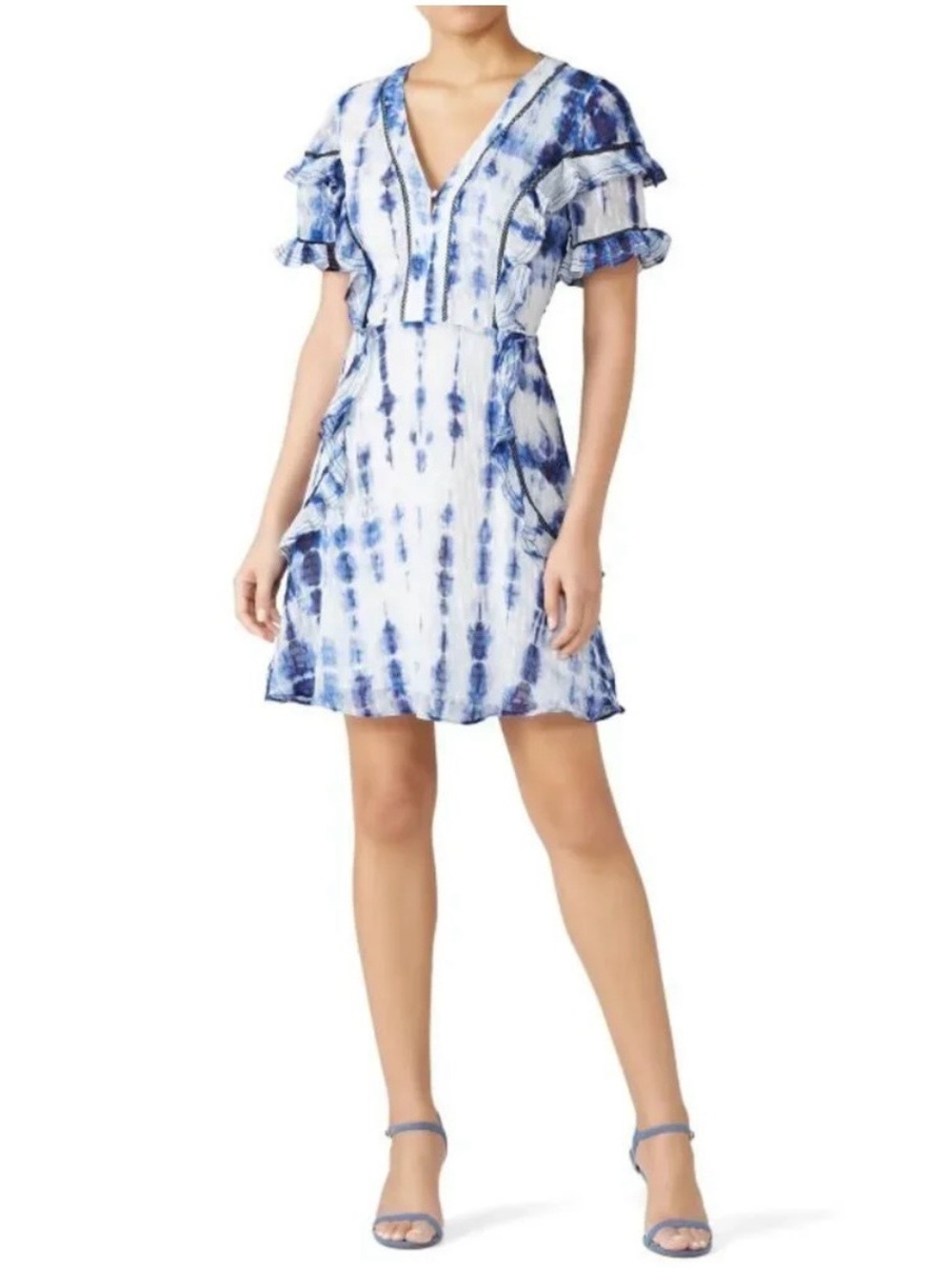 Tanya Taylor Blue Tie-Dye V-Neck Ruffle Sleeve Mini Dress Silk SZ 12  EUC